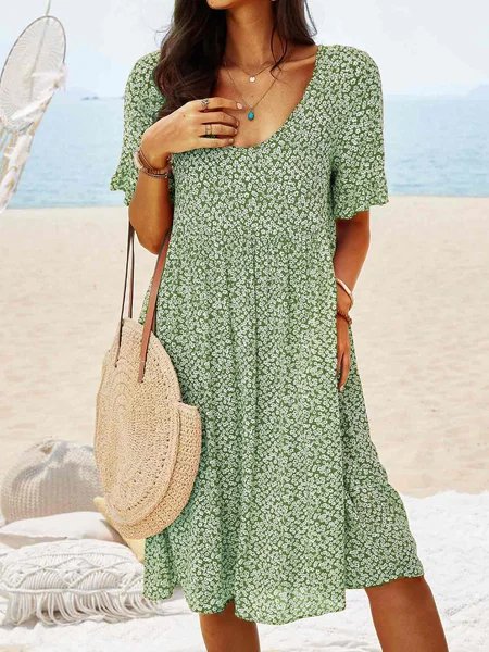 Ditsy Floral V Neck Beach Vacation Casual Mini Smock Dress