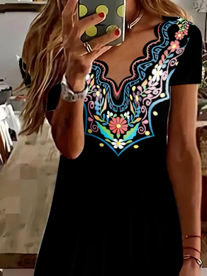 V Neck Tribal Black Vacation Casual Mini Dress