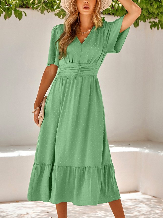 Light Green Swiss Dot Bell-Sleeve V-Neck Loose Vacation V Neck Dress