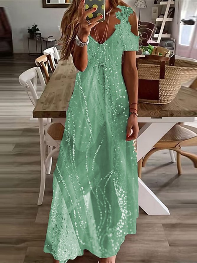 Abstract Casual Lace V Neck Maxi Dress
