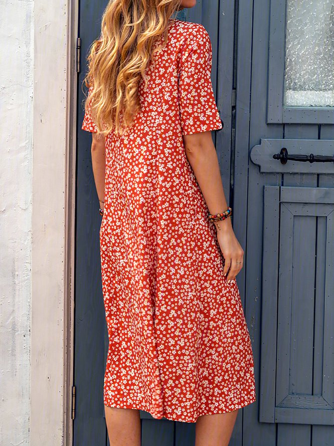 Ditsy Floral Printed Crew Neck Pockets Short Sleeve Casual Midi Shirt Dress