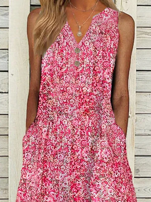 Ditsy Floral V Neck Loose Vacation Dress