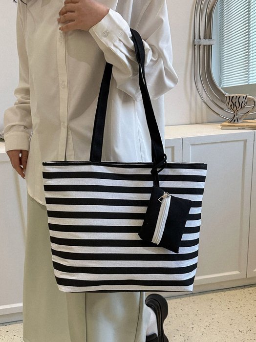 Contrast Color Stripe Tote Women's Shoulder Bag Coin Purse Large Capacity