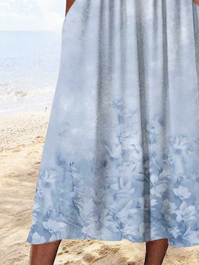 Gradient flower half open button pocket holiday Long Dress