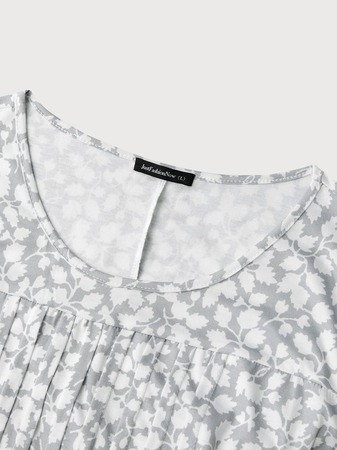 Round Neck Pockets Floral Casual Midi Prom Dress