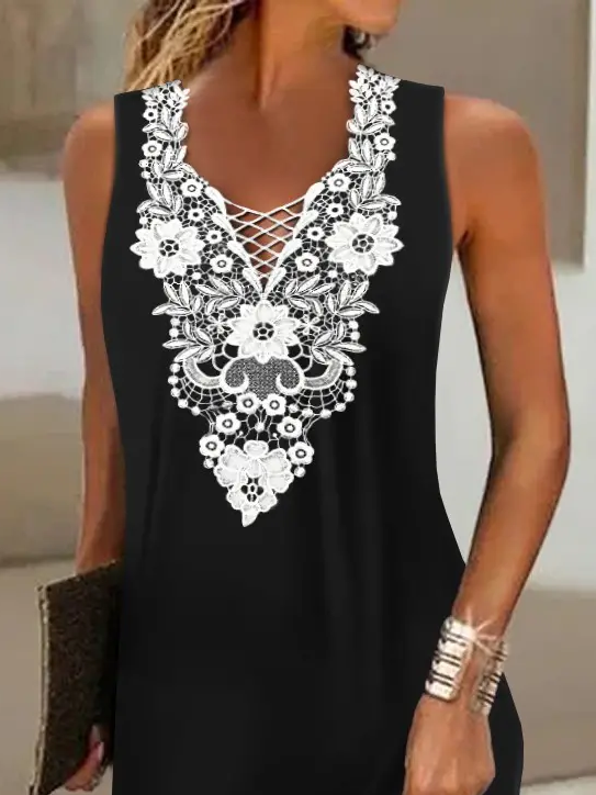 V Neck Elegant Contrast Lace Sleeveless Casual Occasion Mini Prom Dress