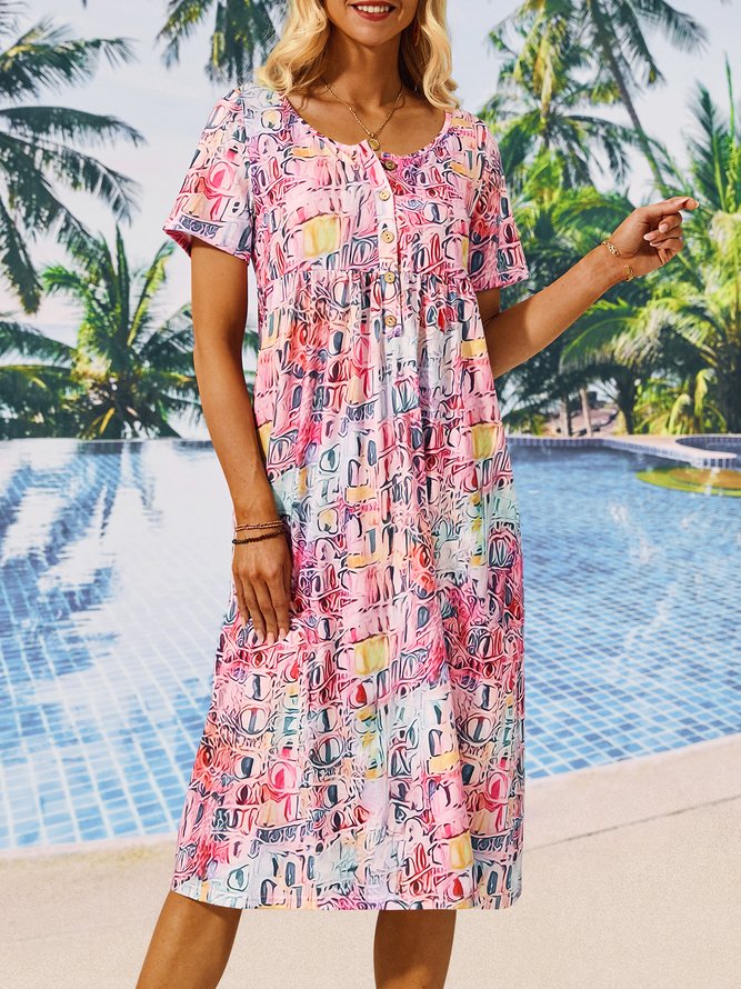 Casual Geometric Crew Neck Loose Dress