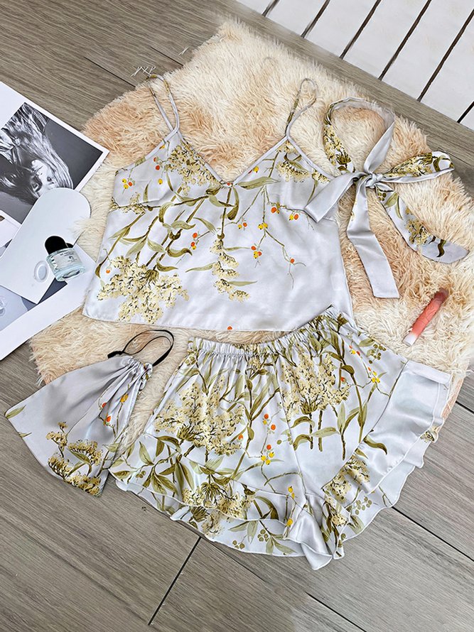 Elegant Ruffled Silk Floral-Print Camisole Pajama Set