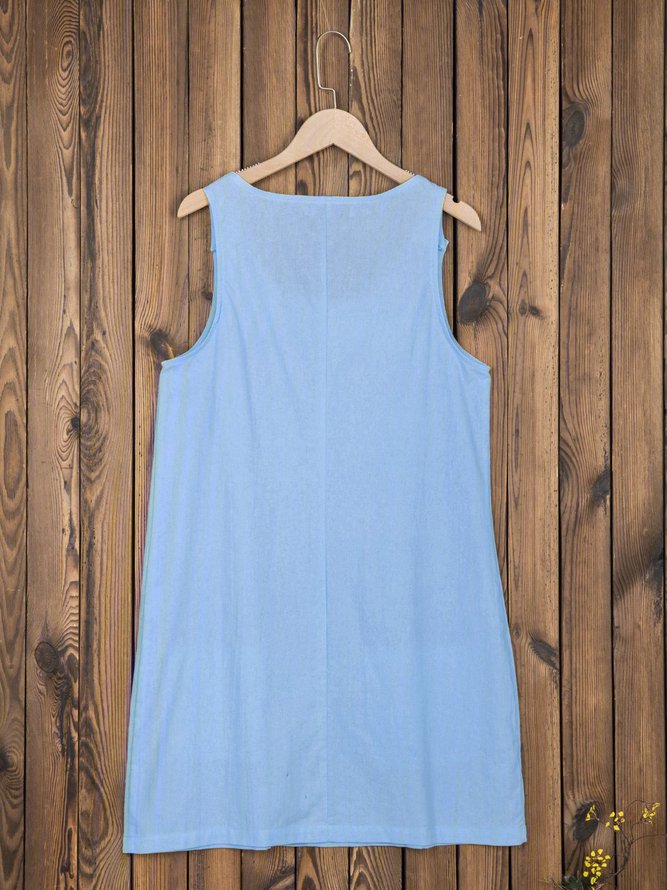 Round Neck Sleeveless Buttoned Plain Causal Mini Dresses