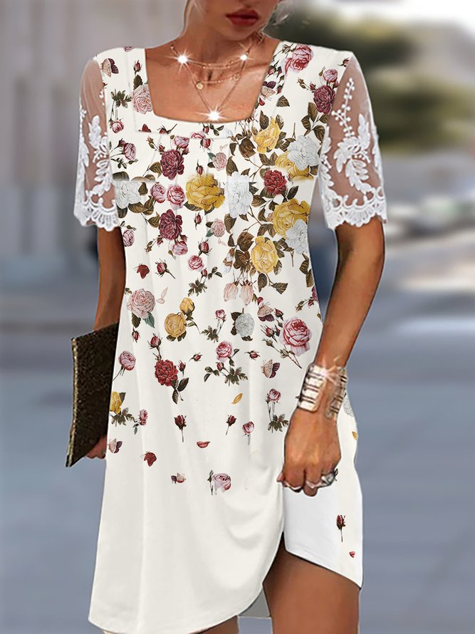 Country Casual/Pastoral Floral Design Square Neck Knit Dress