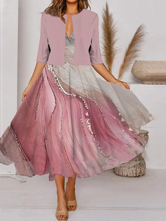 Elegant Gradient Pattern Loose Crew Neck Two-Piece Set