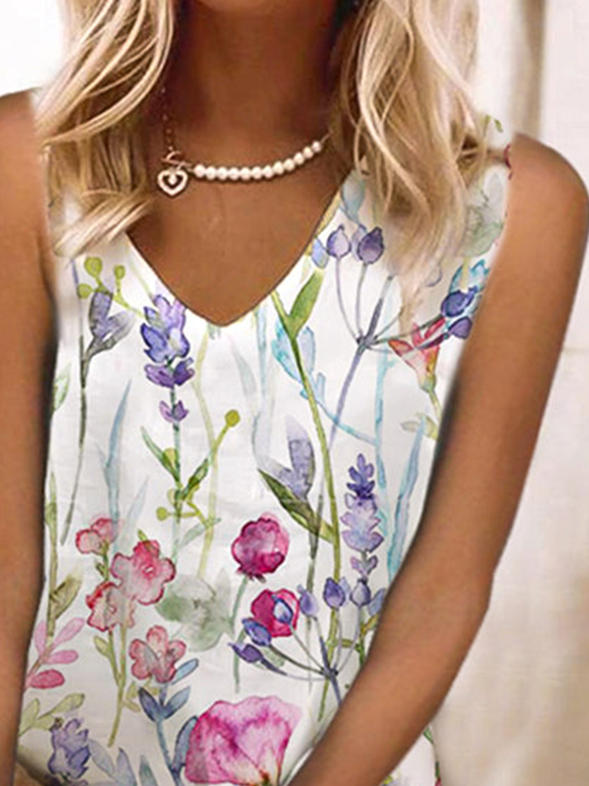 Floral V Neck Casual Loose Dress