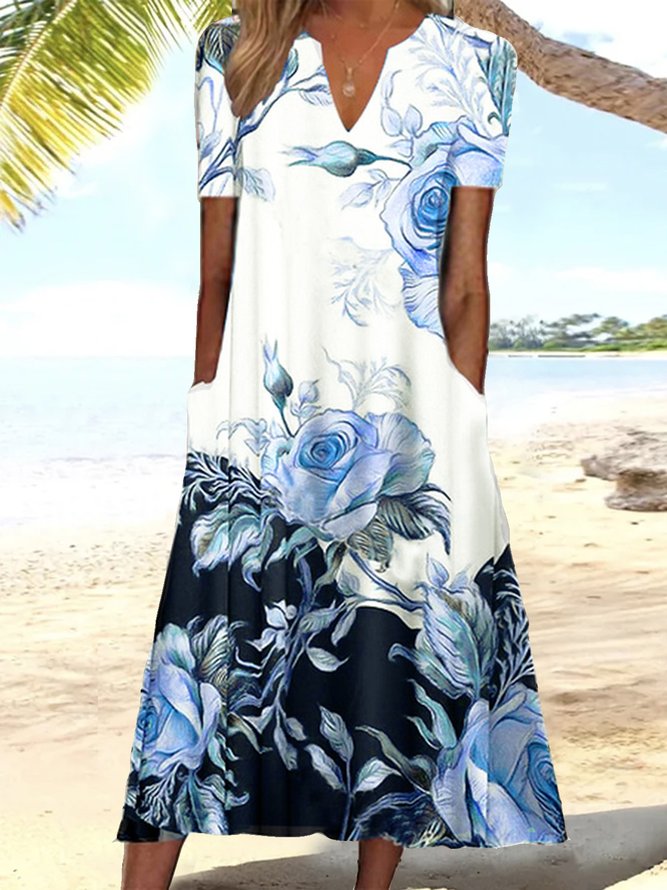 Women's Rose Print Elegant Floral Loose Maxi Summer Dress