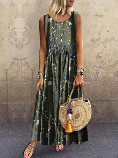 Sleeveless Floral Printed Casual Maxi Weaving Dress