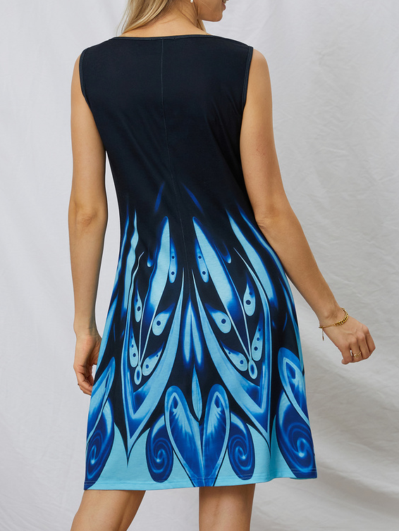 Cotton Blends Abstract Crew Neck Casual Knee Dress