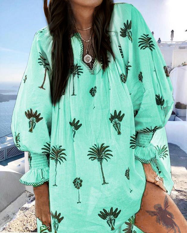 Women Casual Sundress Sexy V-neck Lantern Sleeve Floral Print Elegant Loose Bohemian Beach Dress