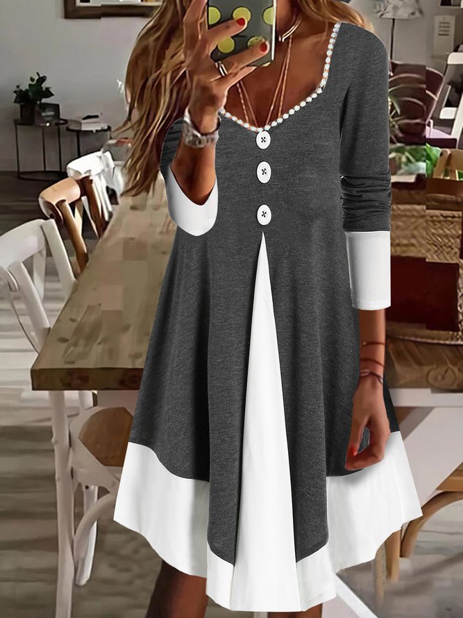 Square Neck Casual Color Block Dress
