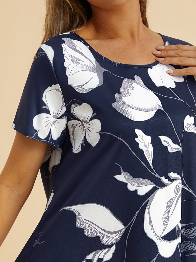 Cotton Blends Floral Loosen Short Sleeve Woven Dress