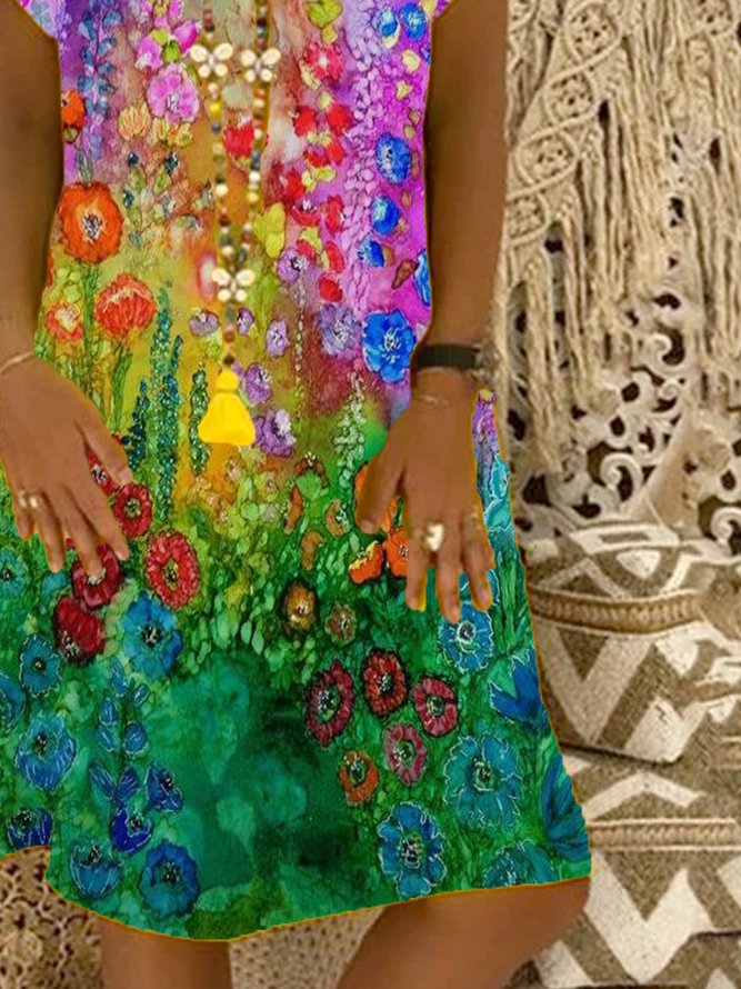 Short Sleeve V Neck Floral Casual Weaving Dress