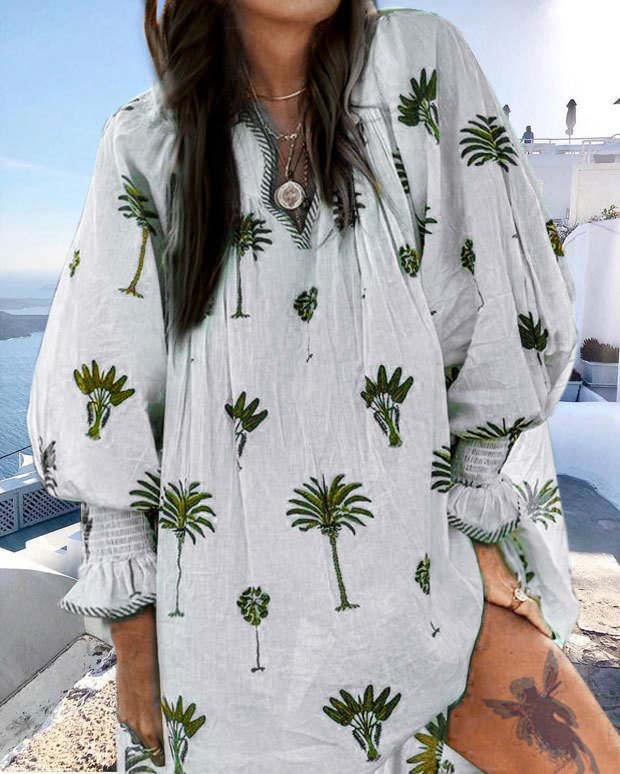 Women Casual Sundress Sexy V-neck Lantern Sleeve Floral Print Elegant Loose Bohemian Beach Dress