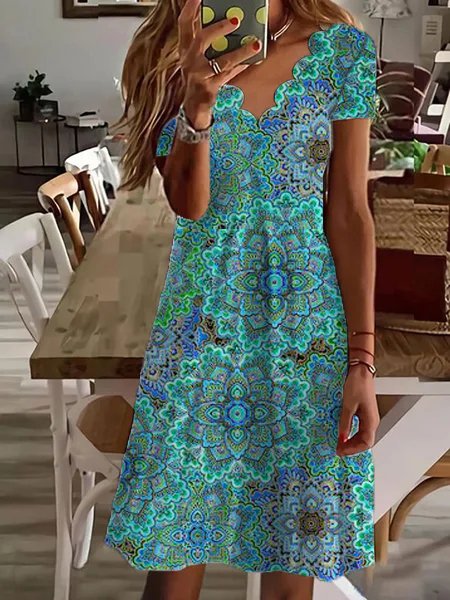 Women's A Line Dress Midi Dress Blue Half Sleeve paisley Print Spring Summer V Neck Casual Modern