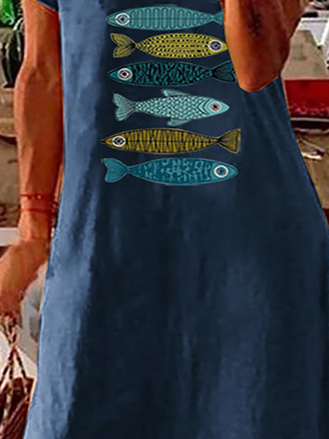 Cartoon Fish Print Short Sleeve Split Dress