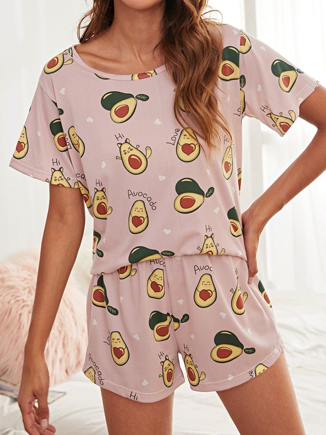 Cute Cartoon Avocado Short Sleeve Shorts Comfortable Casual Pajamas Set