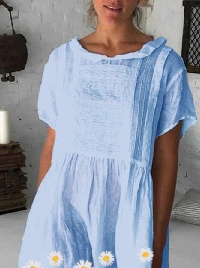 Blue Casual Holiday Floral Printed Shawl Collar Short Sleeve Weaving Dress