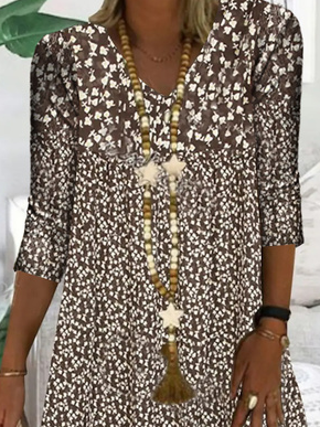 Brown Three Quarter V Neck Floral Shining Midi Smock Dress