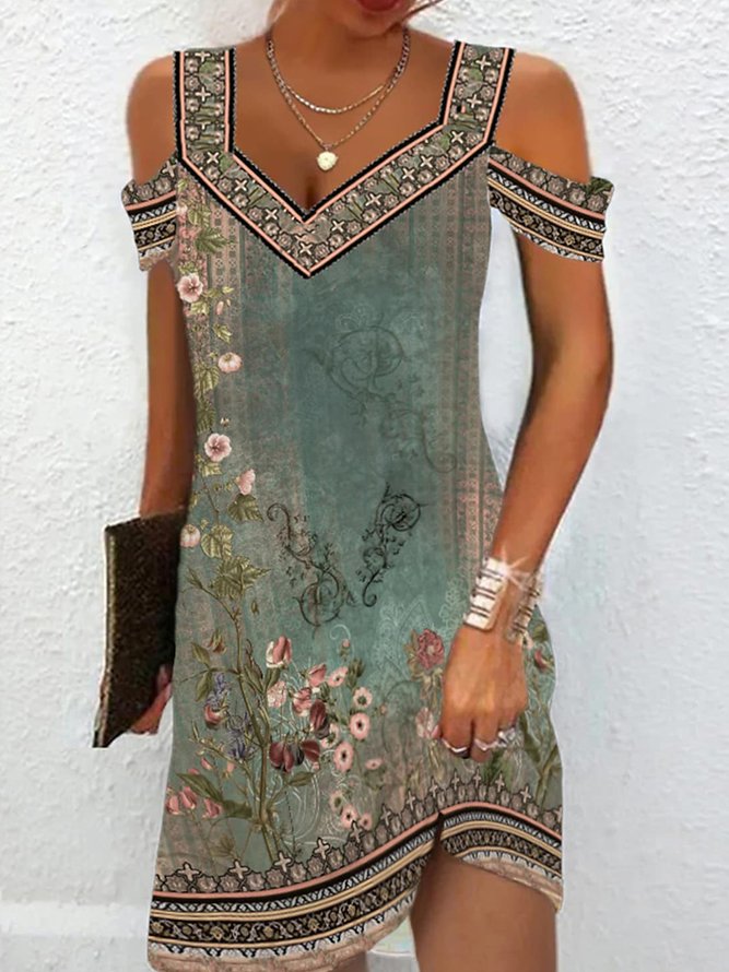 Green Floral V Neck Loose Casual Dress