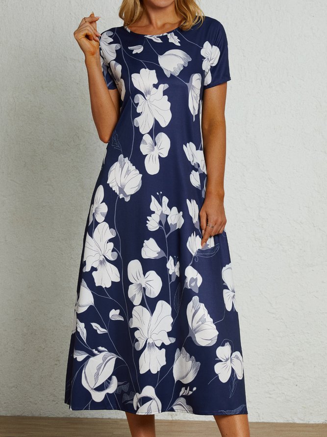 Cotton Blends Floral Loosen Short Sleeve Woven Dress