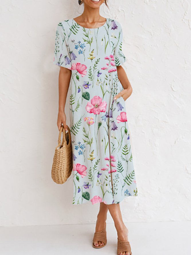 Round Neck Floral Elegant Casual Midi Dress