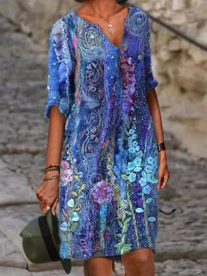 V Neck Floral Full Printed Geometric Casual Mini Dress