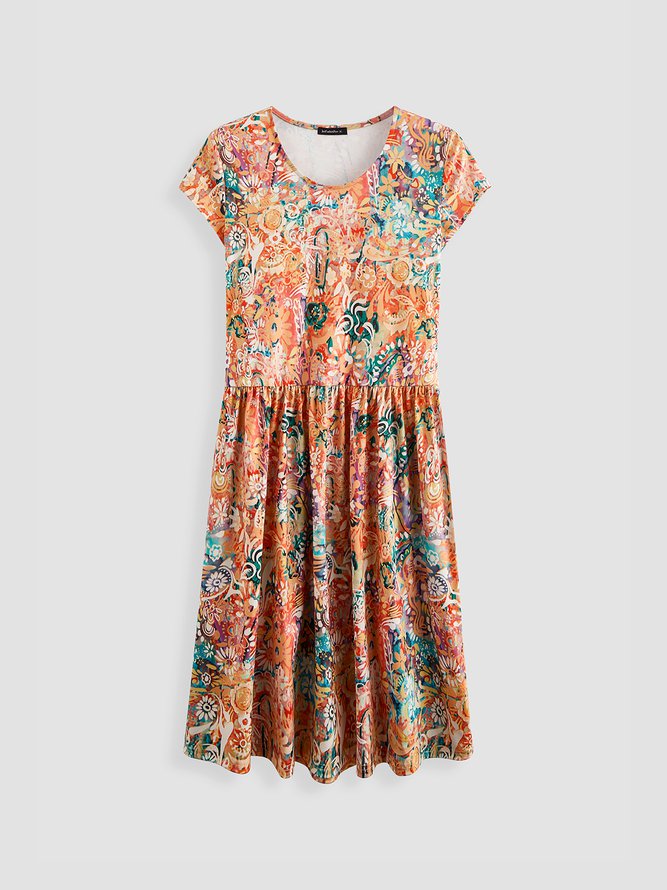 Round Neck Floral Boho Vacation Mini Dress