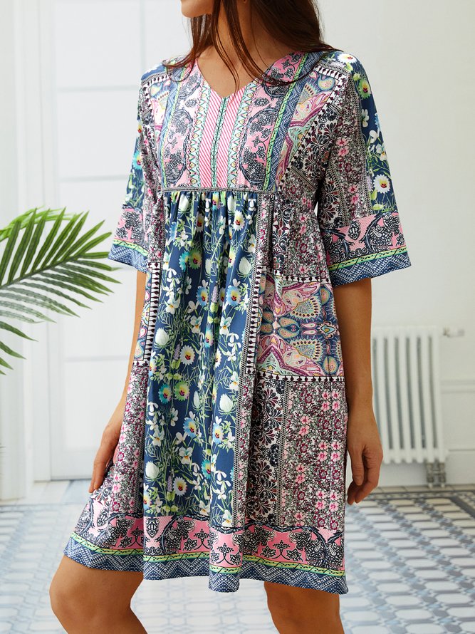 Half Sleeve Casual Cotton-Blend V Neck Weaving Dress