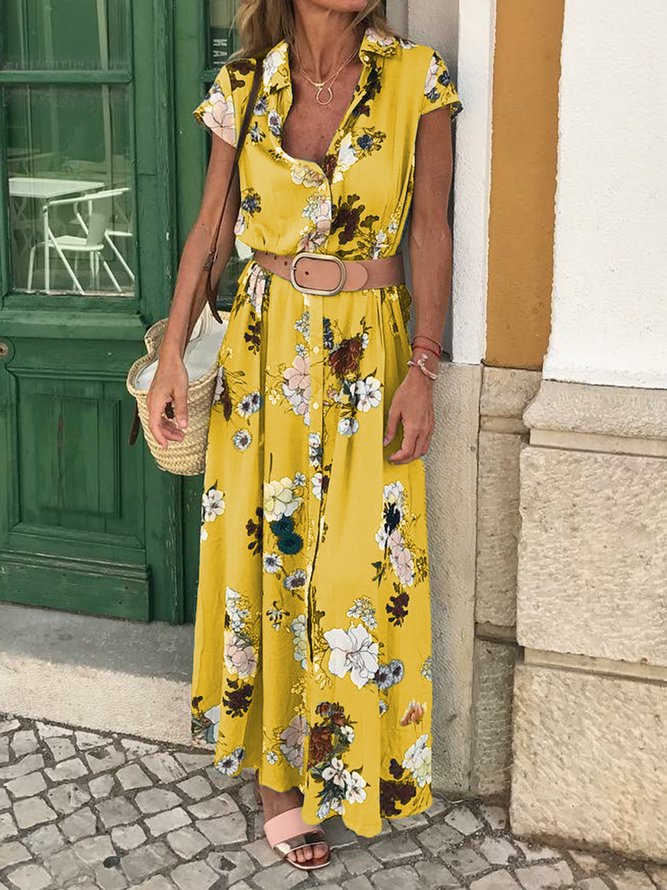 Shirt Collar Women Weaving Dress Shift Daily Cotton-Blend Floral Weaving Dress