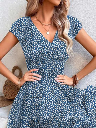 Loose V Neck Vacation Floral Dress With No Belt