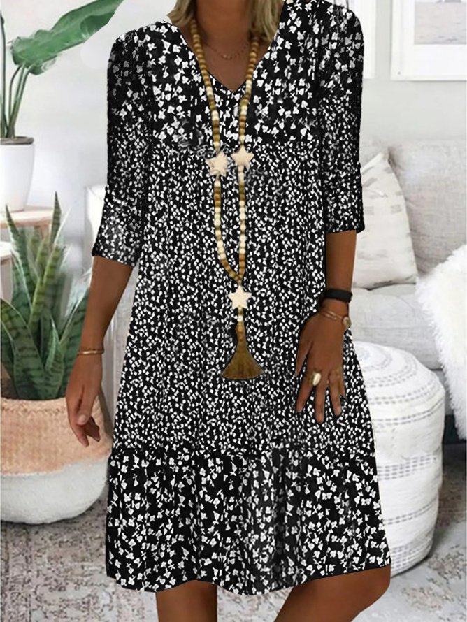 Brown Three Quarter V Neck Floral Shining Midi Smock Dress