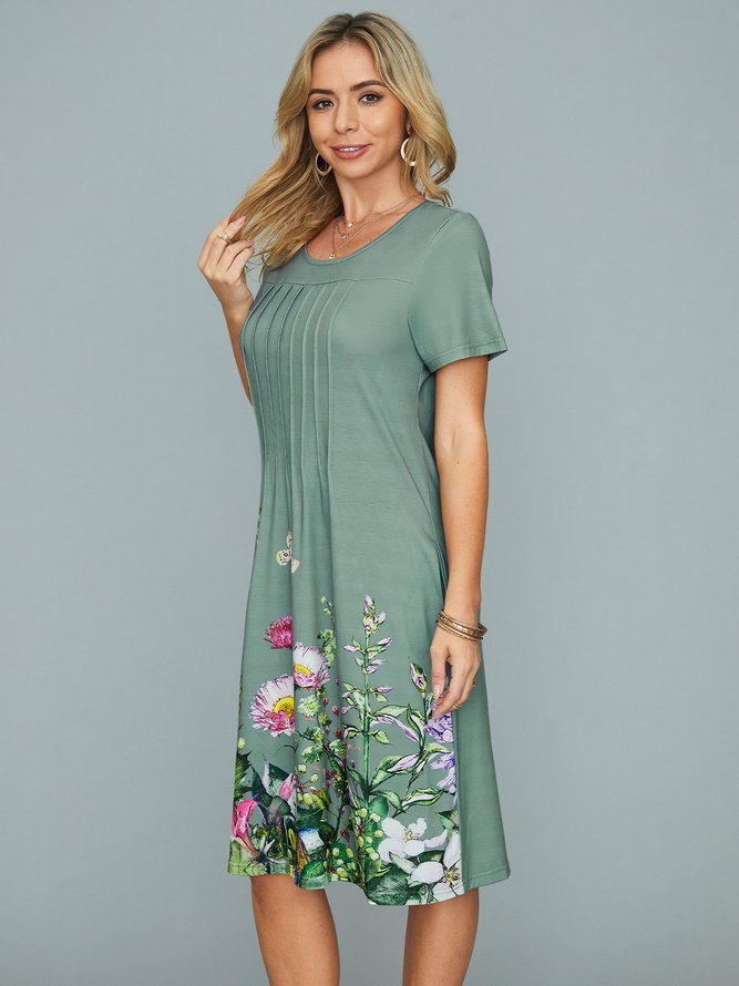 Crew Neck Floral Casual Midi Dress