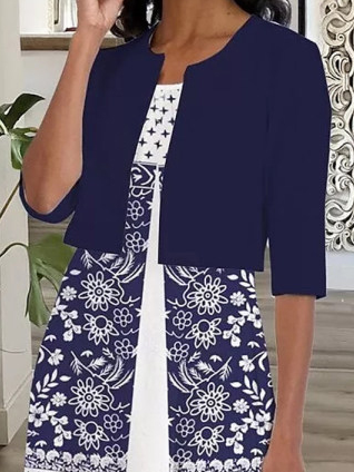 Casual Ethnic Floral Patchwork Design Crew Neck Knit Dress