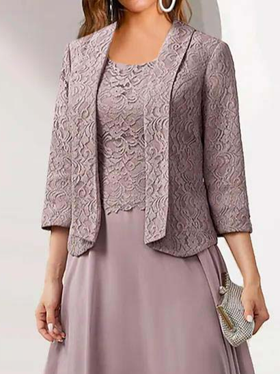 Women's Dress Set Two Piece Dress Midi Dress Dusty Pink 3/4 Length Sleeve Embroidery Embroidered Layered Ruched Fall Winter Crew Neck Modern Mature