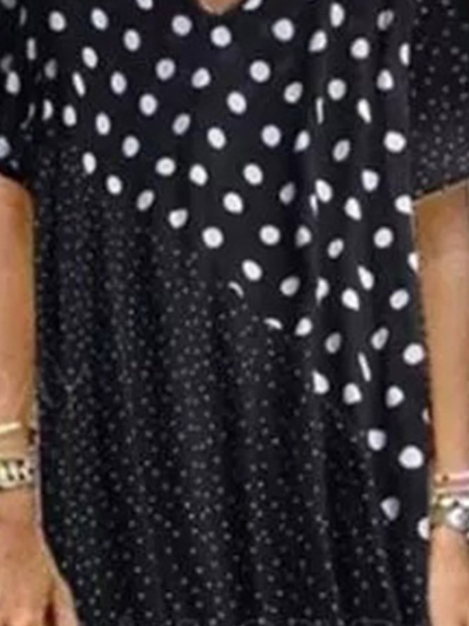 Black Casual Crew Neck Cotton-Blend Polka Dots Weaving Dress