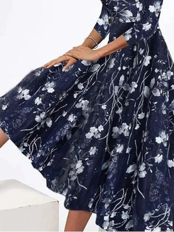 Women's Swing Dress Floral Dress Midi Dress 3/4 Length Sleeve Floral Print V Neck Dress