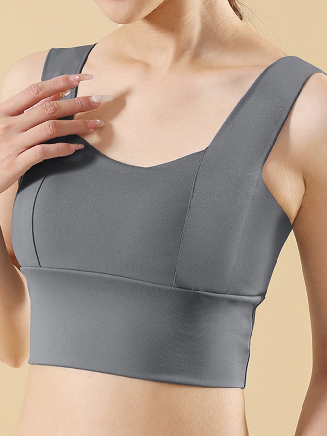 Wide Shoulder Straps Push Up Neck Long Hem Sports Bra