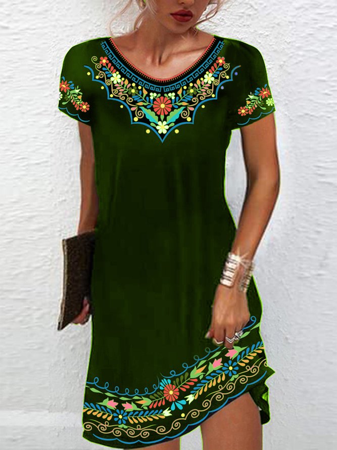 Women's Mexican Dress Midi Dress Black Half Sleeve Summer Crew Neck Tribal Casual
