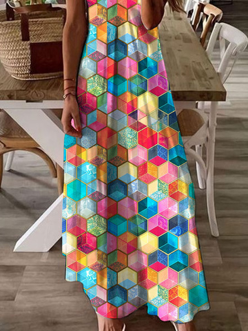 V Neck Geometric colorblock Casual Maxi Dress