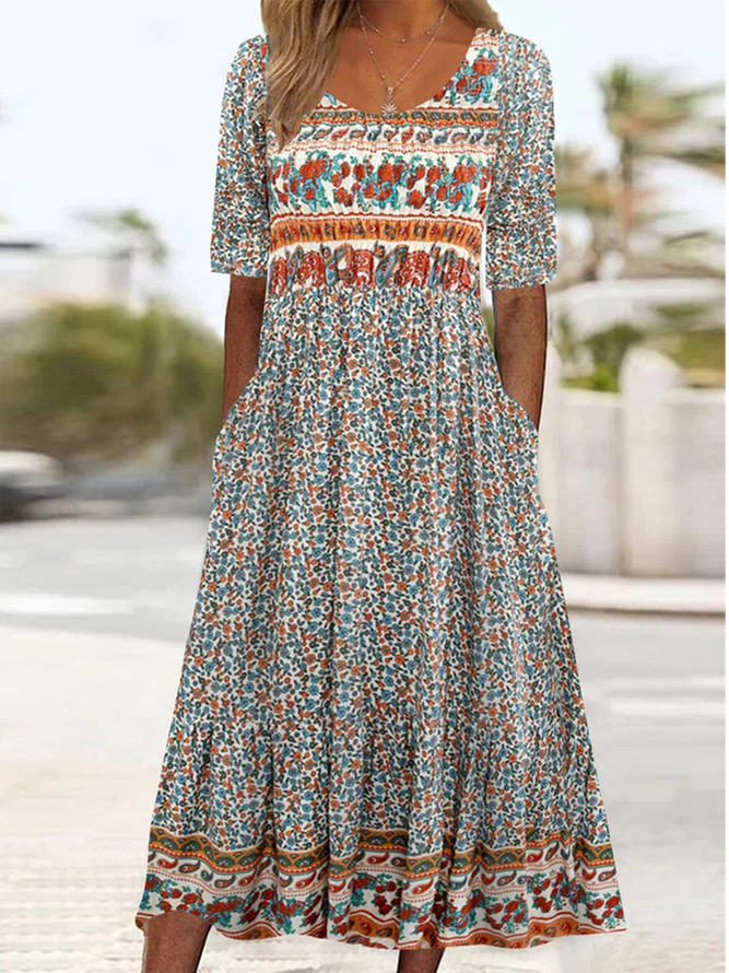 Ethnic Crew Neck Loose Dress