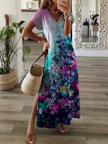 Vacation V Neck Floral Short Sleeve Knit Dress