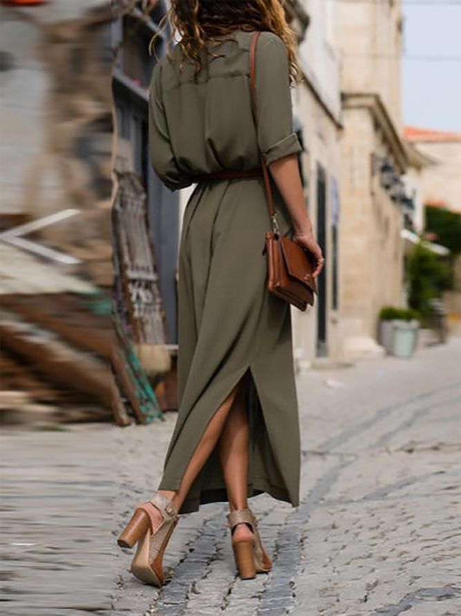 Shawl Collar Shift Women 3/4 Sleeve Paneled Spring Dress