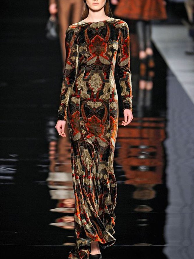 Velvet Printed Color-block Long Sleeve Knitting Dress